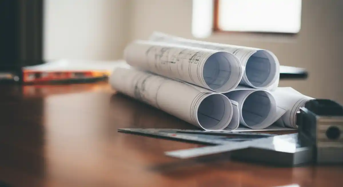 neatly rolled set of architectural blueprints