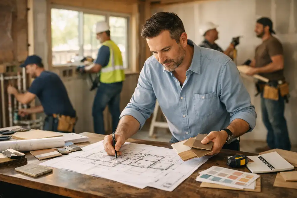 home renovation project manager reviewing floor plans and materials