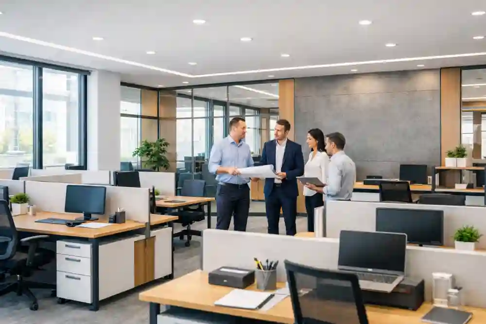 modern open-plan office workspace with modular desks