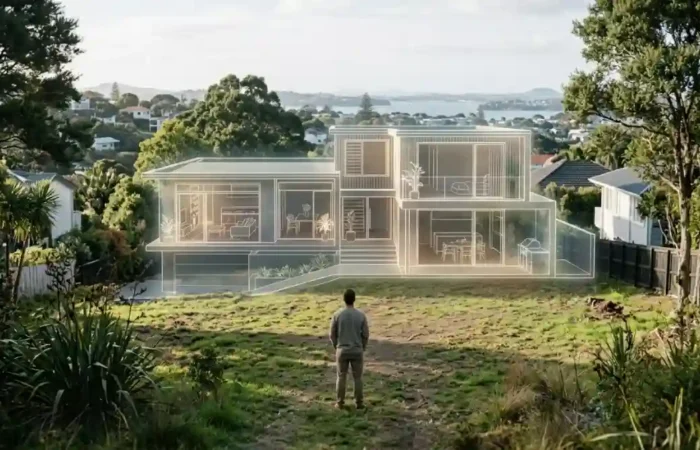 homeowner standing on an empty residential lot imagining a modern custom-built house