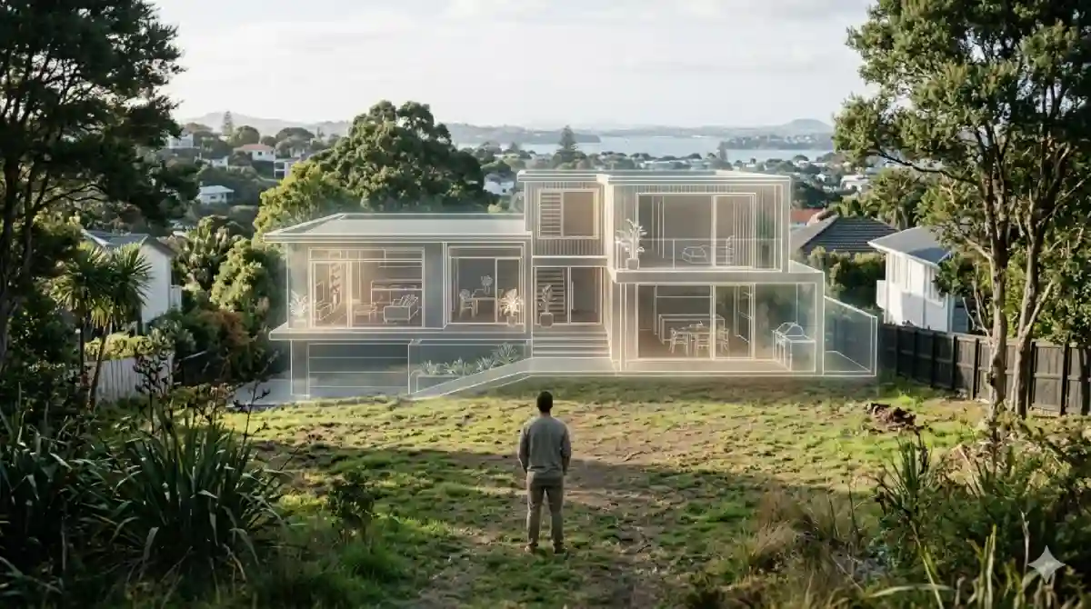 homeowner standing on an empty residential lot imagining a modern custom-built house