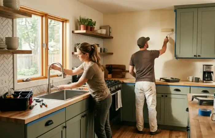 kitchen with refurbished cabinets and a stylish backsplash