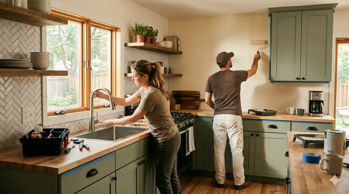 kitchen with refurbished cabinets and a stylish backsplash
